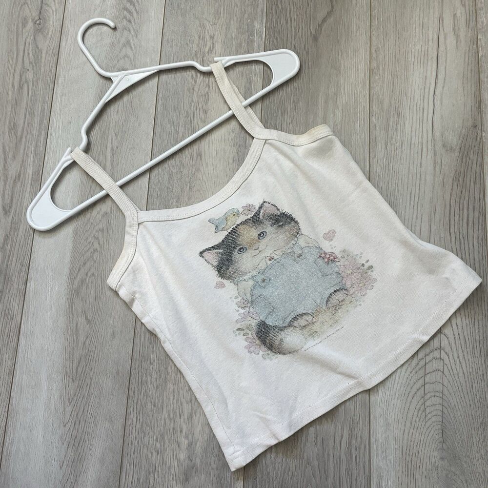 Vintage Cat Tank Top crop womens Cream (medium) y2k cute kawaii soft girl twee